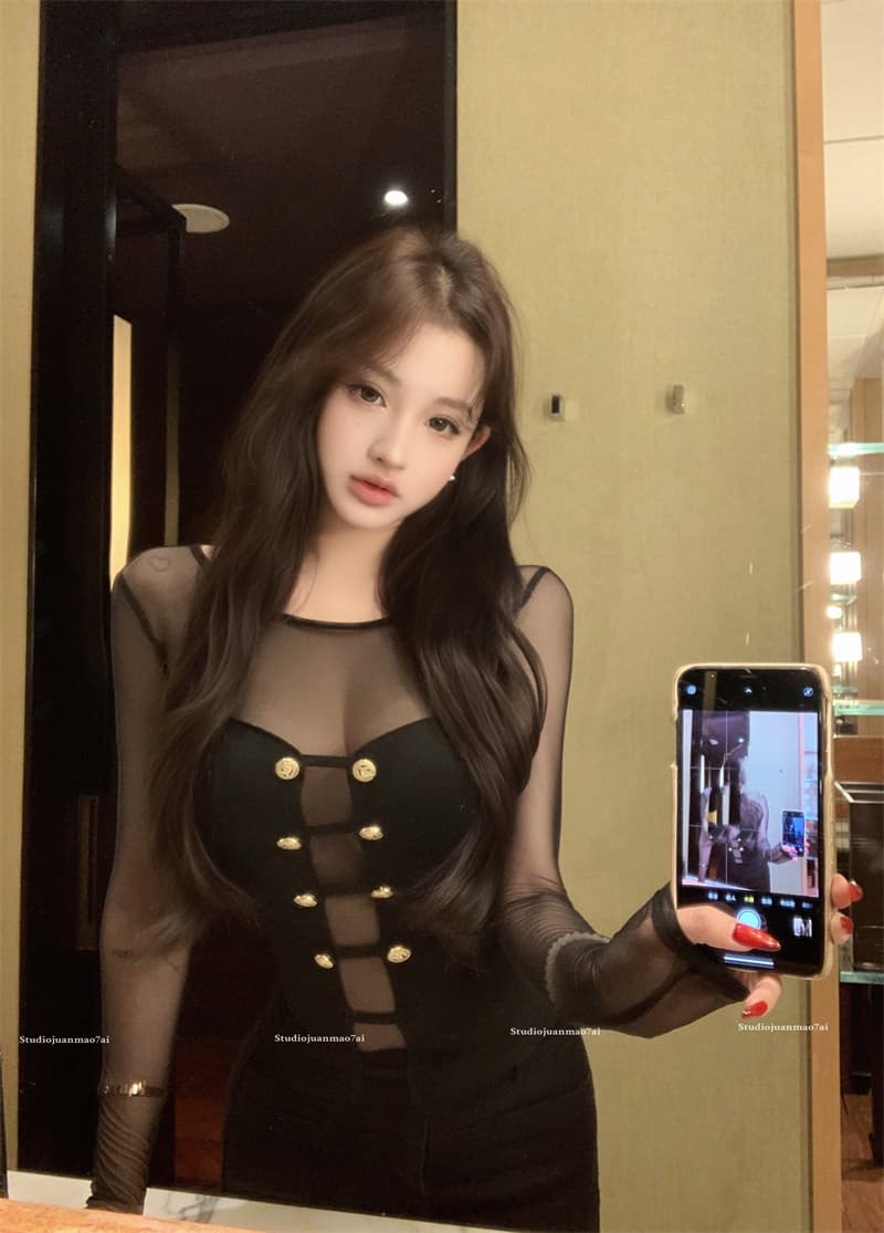 실사 정가 디자인 센스 마이크로 ~을 통해 망사 패치워크 몸매 가꾸기 슬림해 보이는 순수한 욕망 니트 스웨터 맨위 상세 이미지 2