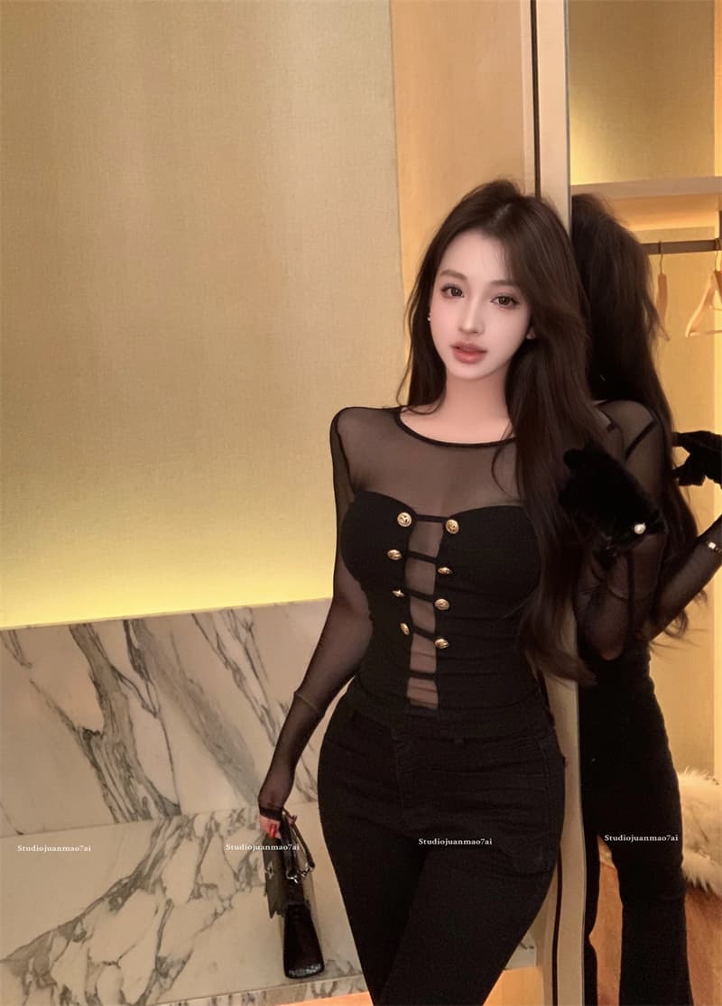 실사 정가 디자인 센스 마이크로 ~을 통해 망사 패치워크 몸매 가꾸기 슬림해 보이는 순수한 욕망 니트 스웨터 맨위 상세 이미지 3