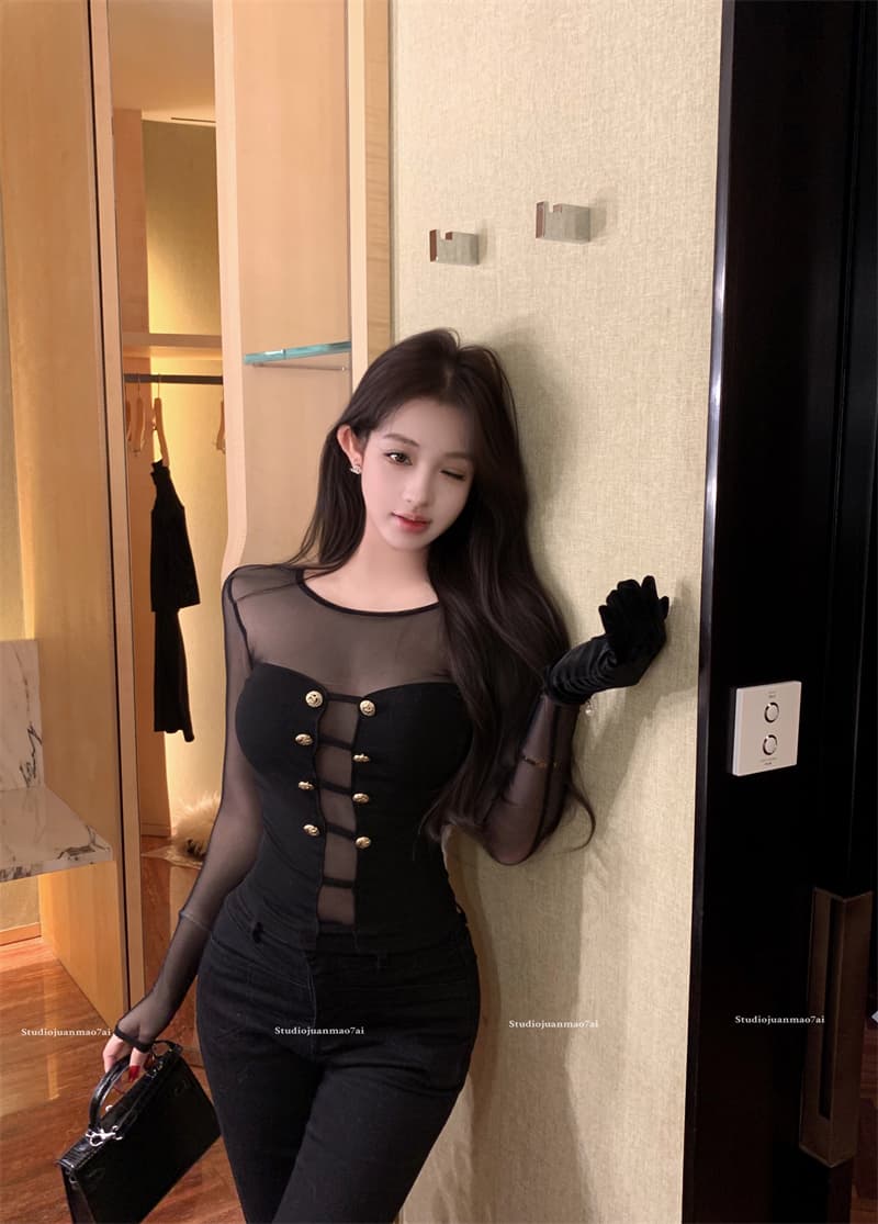실사 정가 디자인 센스 마이크로 ~을 통해 망사 패치워크 몸매 가꾸기 슬림해 보이는 순수한 욕망 니트 스웨터 맨위 상세 이미지 7