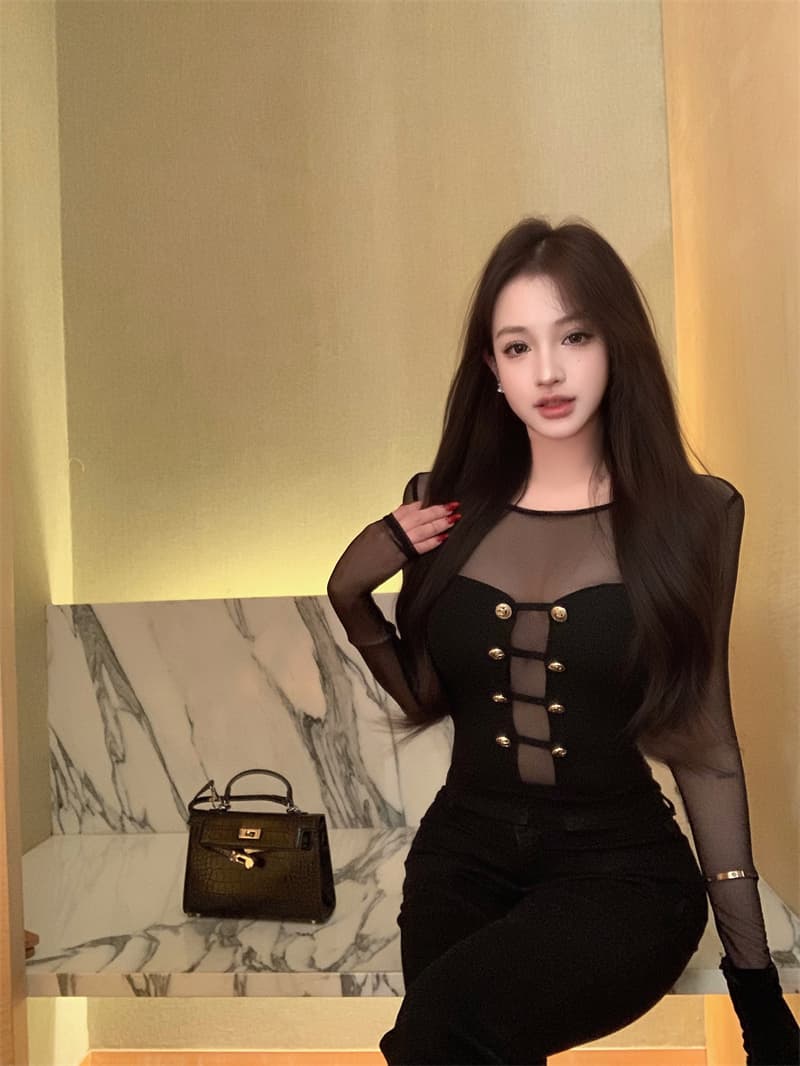 실사 정가 디자인 센스 마이크로 ~을 통해 망사 패치워크 몸매 가꾸기 슬림해 보이는 순수한 욕망 니트 스웨터 맨위 상세 이미지 11