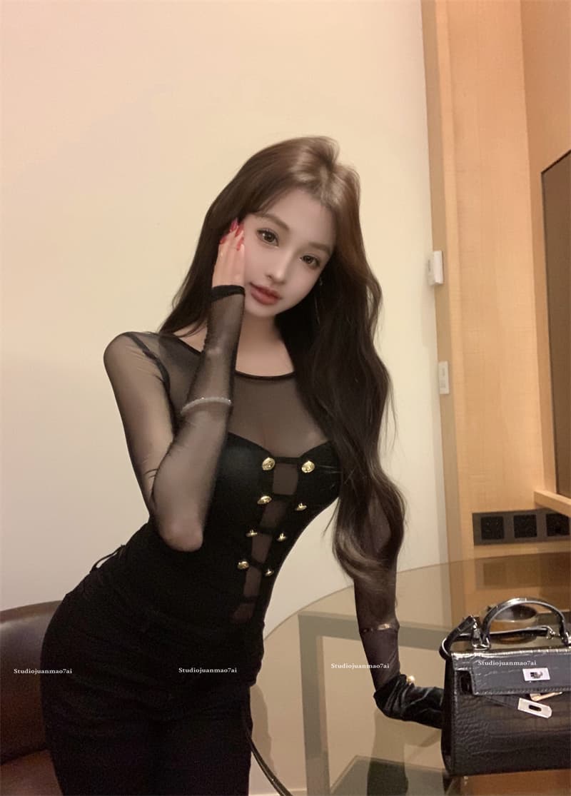 실사 정가 디자인 센스 마이크로 ~을 통해 망사 패치워크 몸매 가꾸기 슬림해 보이는 순수한 욕망 니트 스웨터 맨위 상세 이미지 13