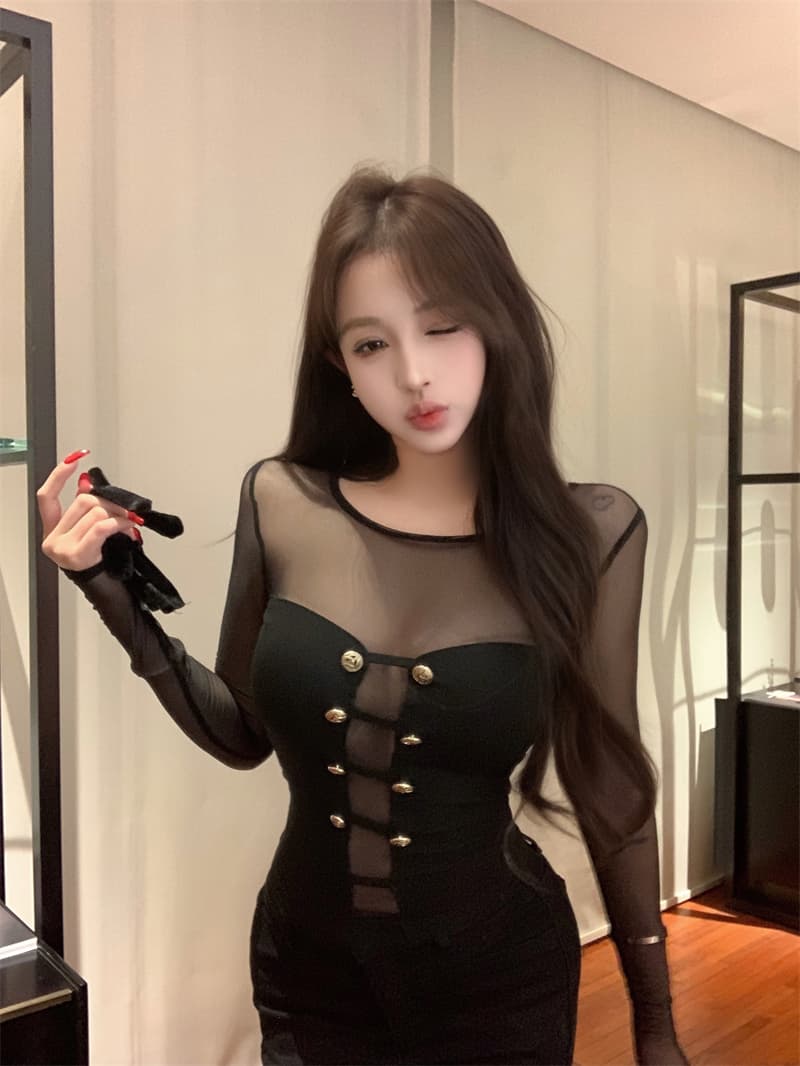 실사 정가 디자인 센스 마이크로 ~을 통해 망사 패치워크 몸매 가꾸기 슬림해 보이는 순수한 욕망 니트 스웨터 맨위 상세 이미지 14