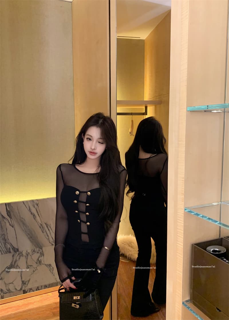 실사 정가 디자인 센스 마이크로 ~을 통해 망사 패치워크 몸매 가꾸기 슬림해 보이는 순수한 욕망 니트 스웨터 맨위 상세 이미지 16