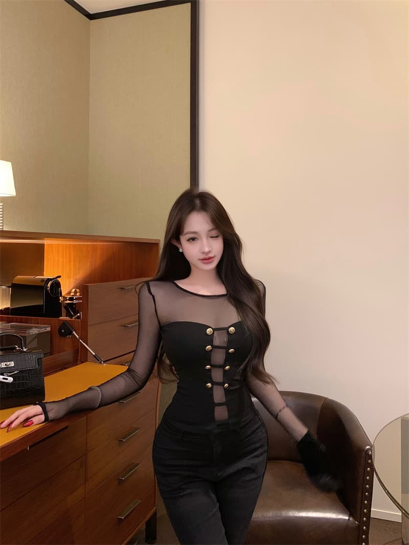 실사 정가 디자인 센스 마이크로 ~을 통해 망사 패치워크 몸매 가꾸기 슬림해 보이는 순수한 욕망 니트 스웨터 맨위 상세 이미지 17