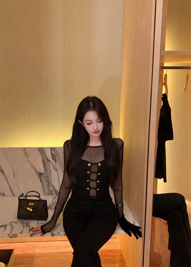 실사 정가 디자인 센스 마이크로 ~을 통해 망사 패치워크 몸매 가꾸기 슬림해 보이는 순수한 욕망 니트 스웨터 맨위 상세 이미지 18