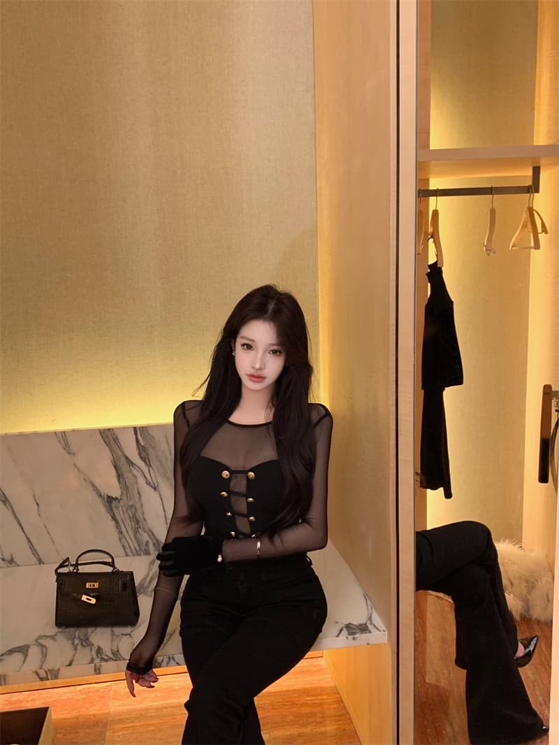 실사 정가 디자인 센스 마이크로 ~을 통해 망사 패치워크 몸매 가꾸기 슬림해 보이는 순수한 욕망 니트 스웨터 맨위 상세 이미지 19