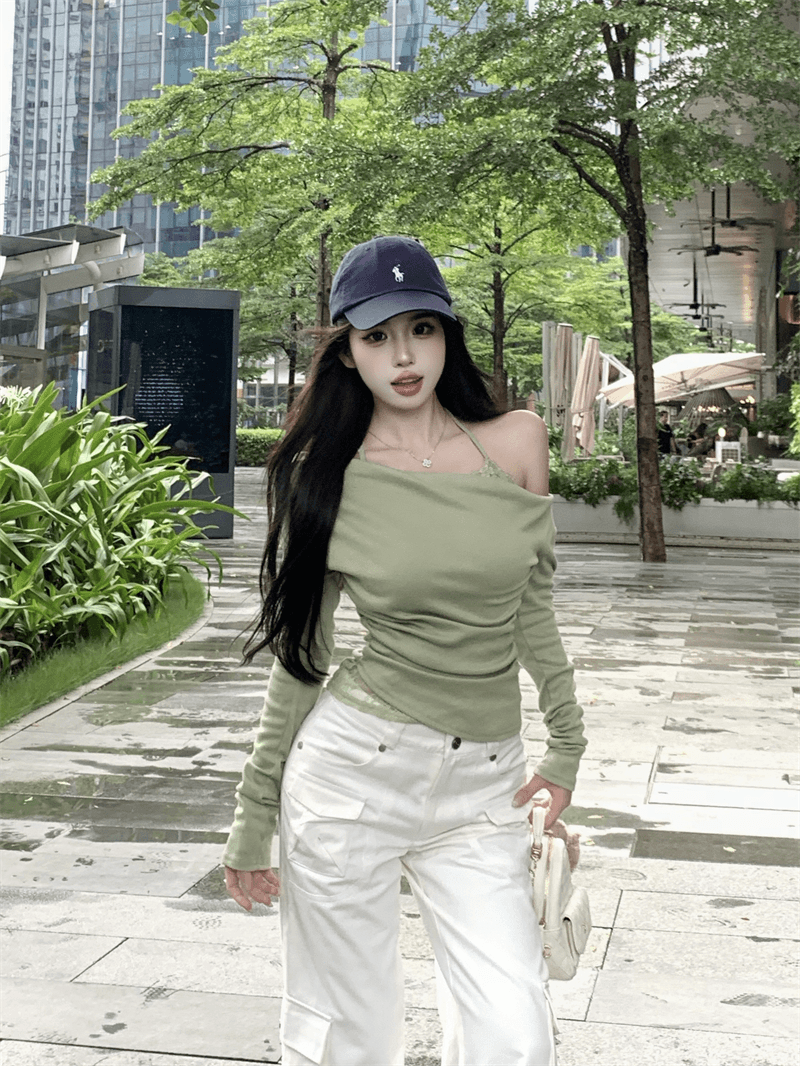 실사 정가 페이크 레이어드 비스듬한 어깨 흔들다 칼라 긴팔 티셔츠 여성 레이스 행침 목 기본 셔츠 맨위 이미지 4