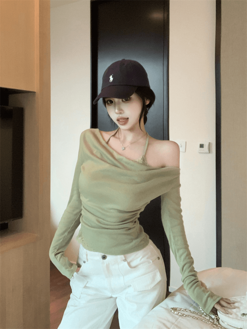 실사 정가 페이크 레이어드 비스듬한 어깨 흔들다 칼라 긴팔 티셔츠 여성 레이스 행침 목 기본 셔츠 맨위 이미지 3