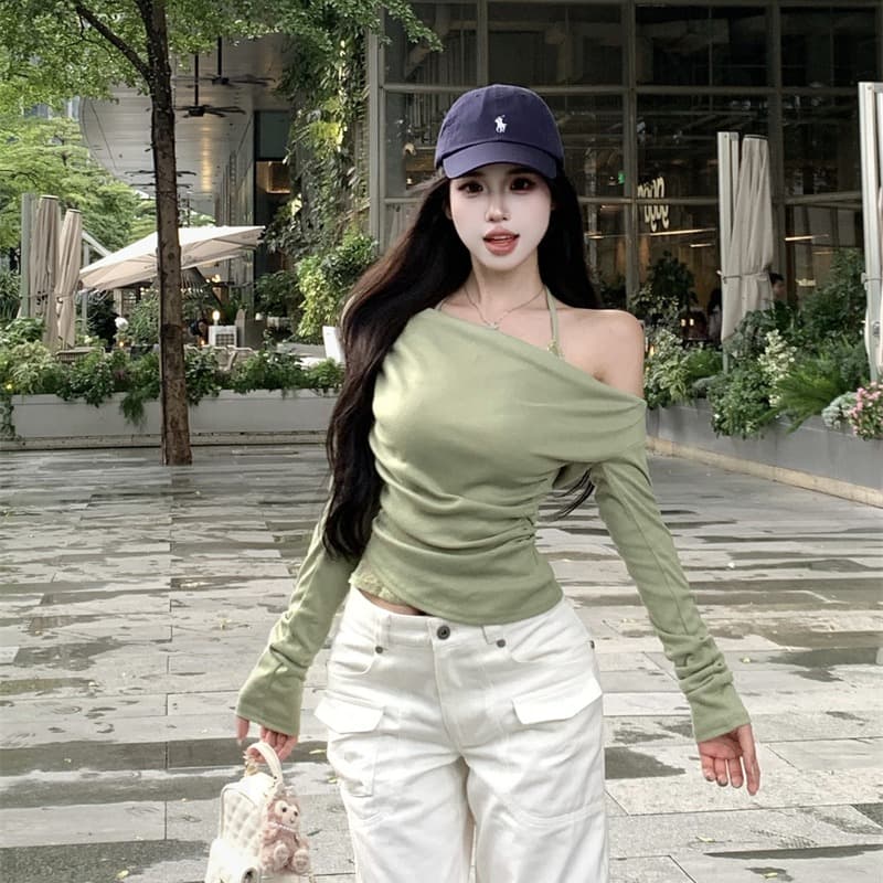 실사 정가 페이크 레이어드 비스듬한 어깨 흔들다 칼라 긴팔 티셔츠 여성 레이스 행침 목 기본 셔츠 맨위 이미지 5