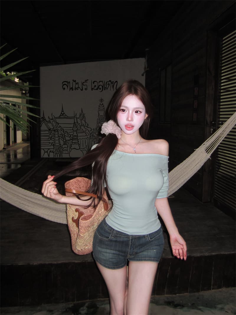 실사 정가 오프숄더 뱀 뼈 곡물 중간 소매 티셔츠 여성 봄 여름 허리 수축 높음 폭탄 의류 상세 이미지 4
