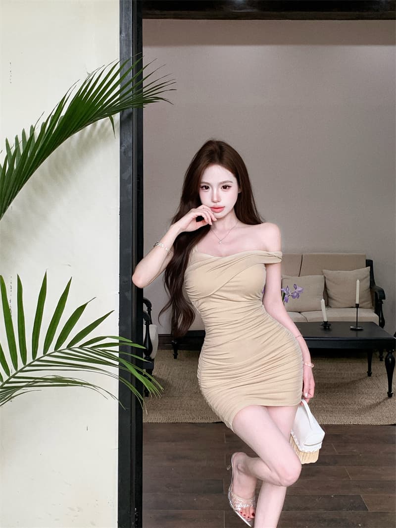 실사 정가 펌프 Pleat 불규칙 벨트 가슴 패드 여성 드레스 봄 여름 타이트 스커트 미니 스커트 상세 이미지 19