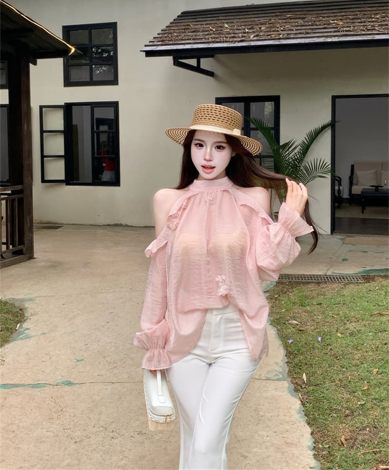 실사 정가 핑크색 행침 목 긴팔 쉬폰 여성 셔츠 프릴 오프숄더 작은 셔츠 품격 맨위