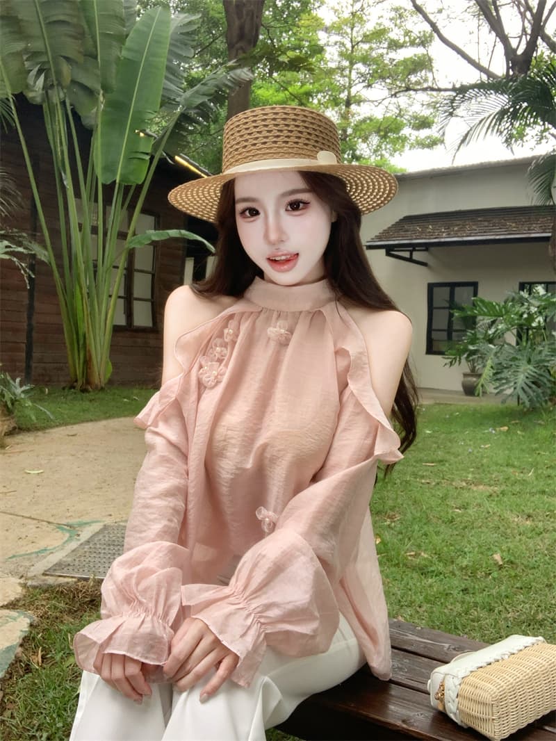 실사 정가 핑크색 행침 목 긴팔 쉬폰 여성 셔츠 프릴 오프숄더 작은 셔츠 품격 맨위 상세 이미지 2