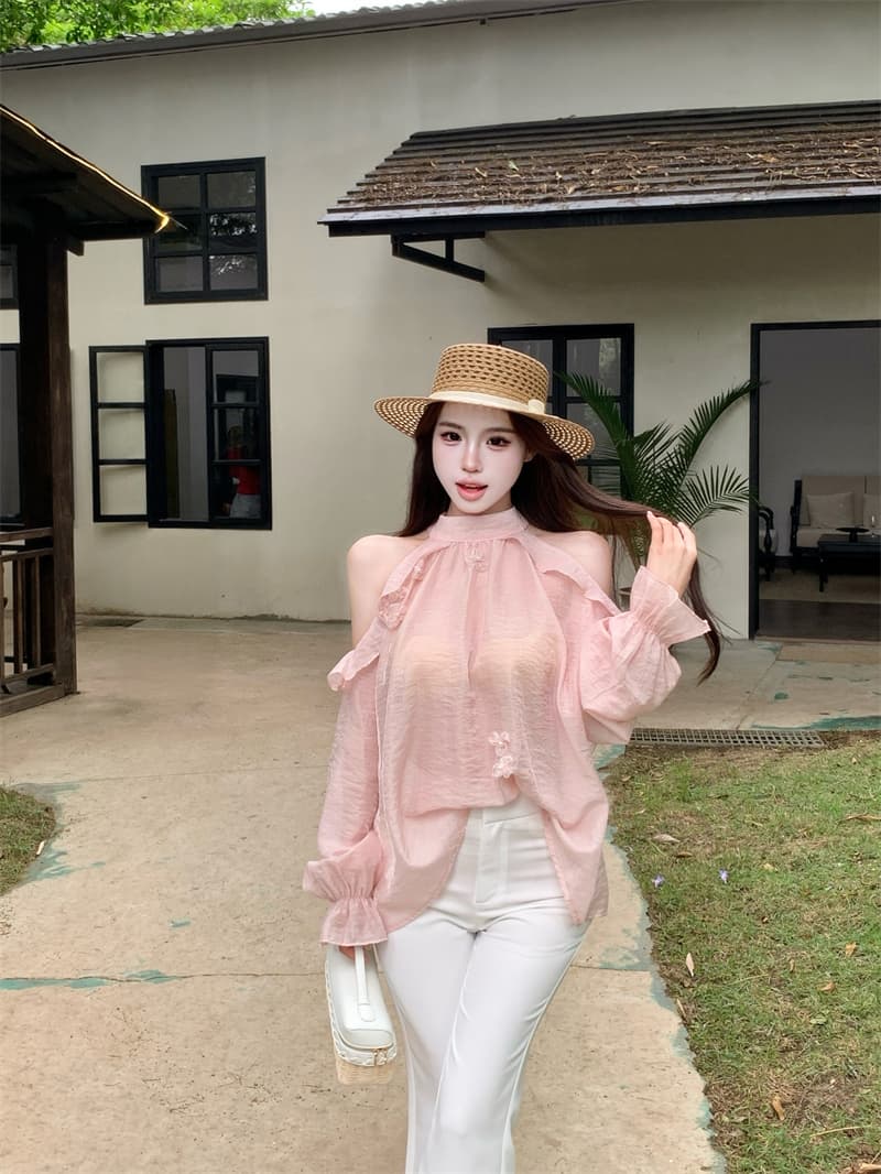 실사 정가 핑크색 행침 목 긴팔 쉬폰 여성 셔츠 프릴 오프숄더 작은 셔츠 품격 맨위 상세 이미지 4