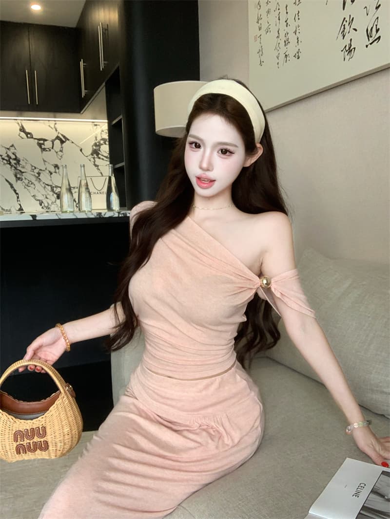 실사 정가 프랑스식 오프숄더 세트 드레스 루즈핏 투피스 세트