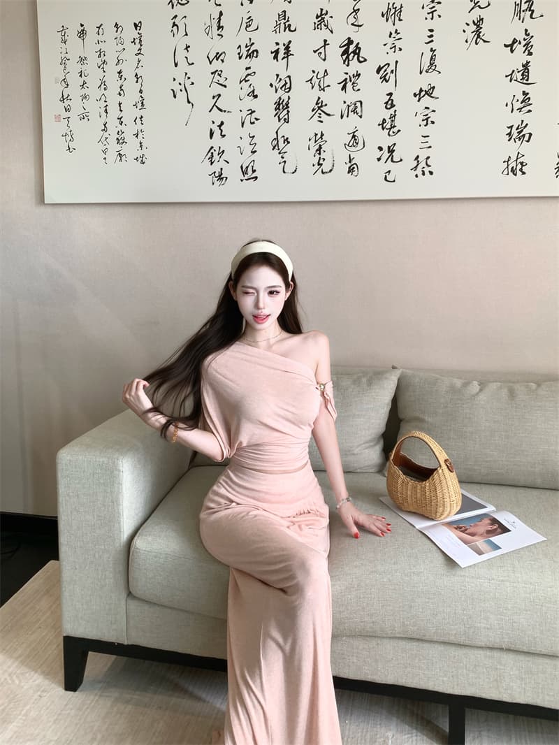 실사 정가 프랑스식 오프숄더 세트 드레스 루즈핏 투피스 세트 상세 이미지 9