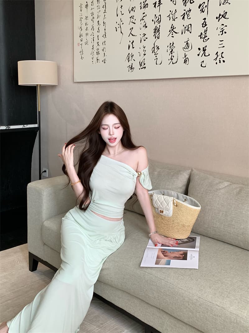 실사 정가 프랑스식 오프숄더 세트 드레스 루즈핏 투피스 세트 상세 이미지 14