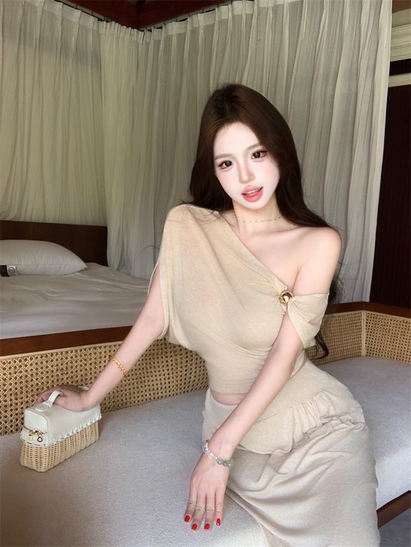 실사 정가 프랑스식 오프숄더 세트 드레스 루즈핏 투피스 세트 상세 이미지 20