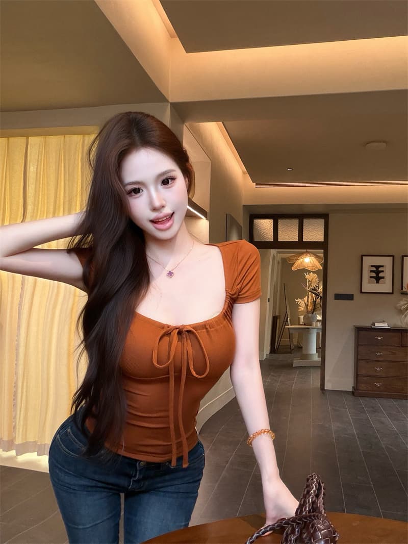 실사 정가 순수한 그리고 욕망 2.0 u 칼라 스트랩 반팔 티셔츠 봄 여름 몸매 가꾸기 허리 수축 맨위 이미지 3