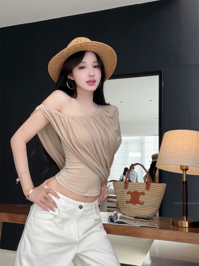 실사 정가 비스듬한 어깨 주름 페이크 레이어드 티셔츠 여성 몸매 가꾸기 디자인 센스 신축성 통기성 니트 맨위 상세 이미지 1