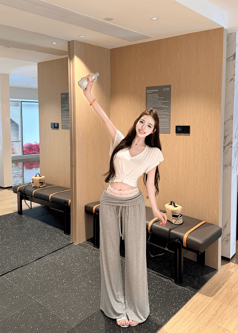 실사 정가 매듭이 달린 디자인 V넥 다용도 맨위 레이스 허리 머리 뒤집다 허리 디자인 캐주얼 다용도 긴 바지 세트 이미지 3