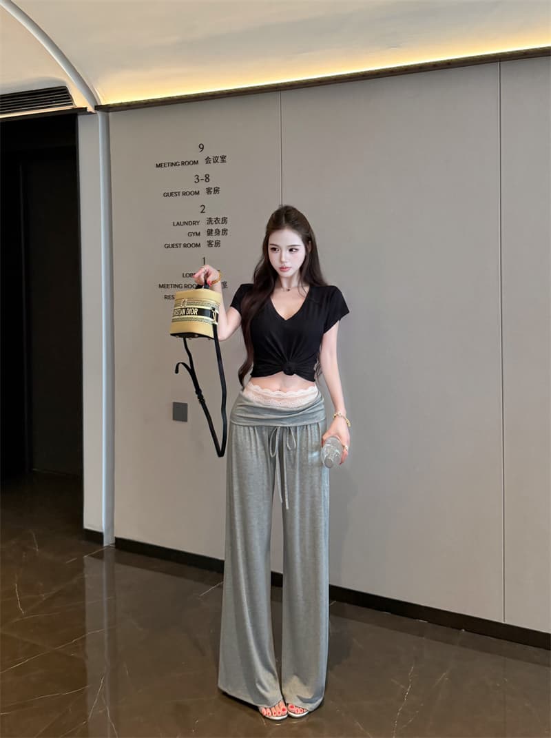 실사 정가 매듭이 달린 디자인 V넥 다용도 맨위 레이스 허리 머리 뒤집다 허리 디자인 캐주얼 다용도 긴 바지 세트 상세 이미지 9