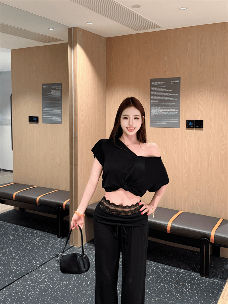 실사 정가 매듭이 달린 디자인 V넥 다용도 맨위 레이스 허리 머리 뒤집다 허리 디자인 캐주얼 다용도 긴 바지 세트 상세 이미지 11