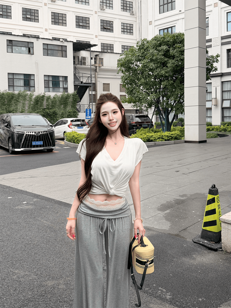실사 정가 매듭이 달린 디자인 V넥 다용도 맨위 레이스 허리 머리 뒤집다 허리 디자인 캐주얼 다용도 긴 바지 세트 상세 이미지 13