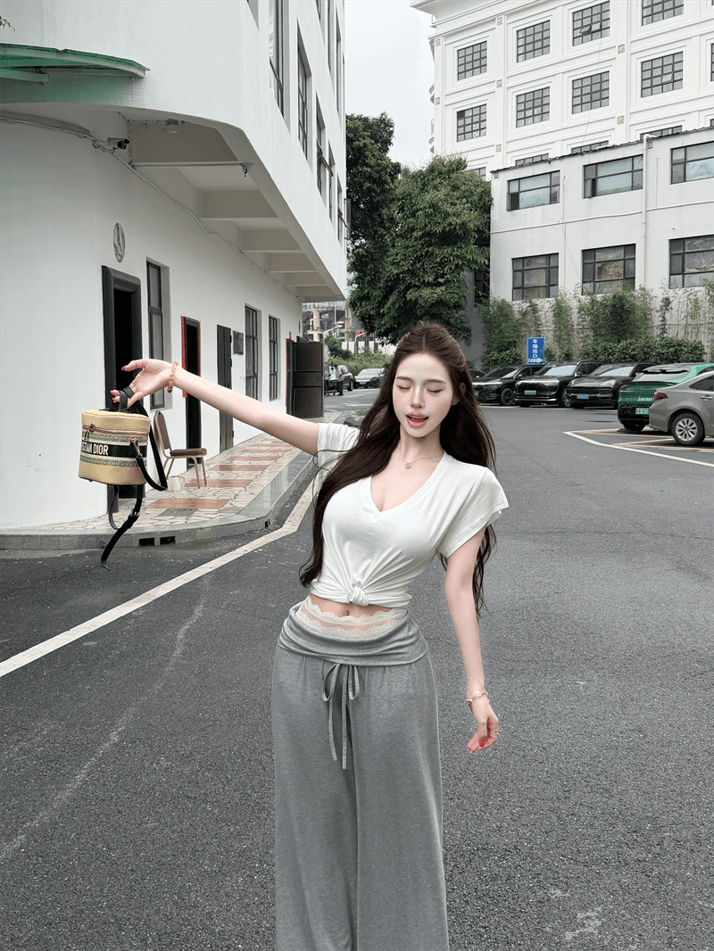 실사 정가 매듭이 달린 디자인 V넥 다용도 맨위 레이스 허리 머리 뒤집다 허리 디자인 캐주얼 다용도 긴 바지 세트 상세 이미지 19