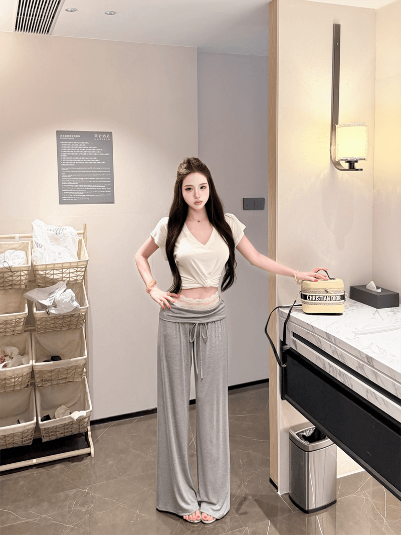실사 정가 매듭이 달린 디자인 V넥 다용도 맨위 레이스 허리 머리 뒤집다 허리 디자인 캐주얼 다용도 긴 바지 세트 상세 이미지 21