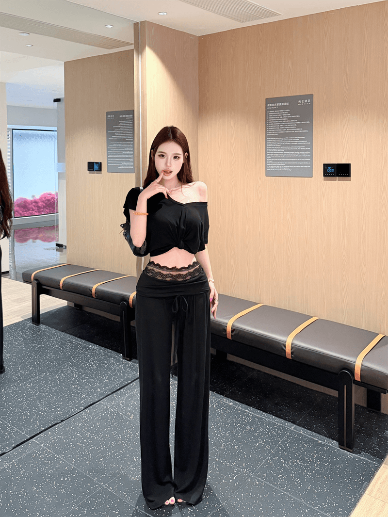 실사 정가 매듭이 달린 디자인 V넥 다용도 맨위 레이스 허리 머리 뒤집다 허리 디자인 캐주얼 다용도 긴 바지 세트 상세 이미지 25