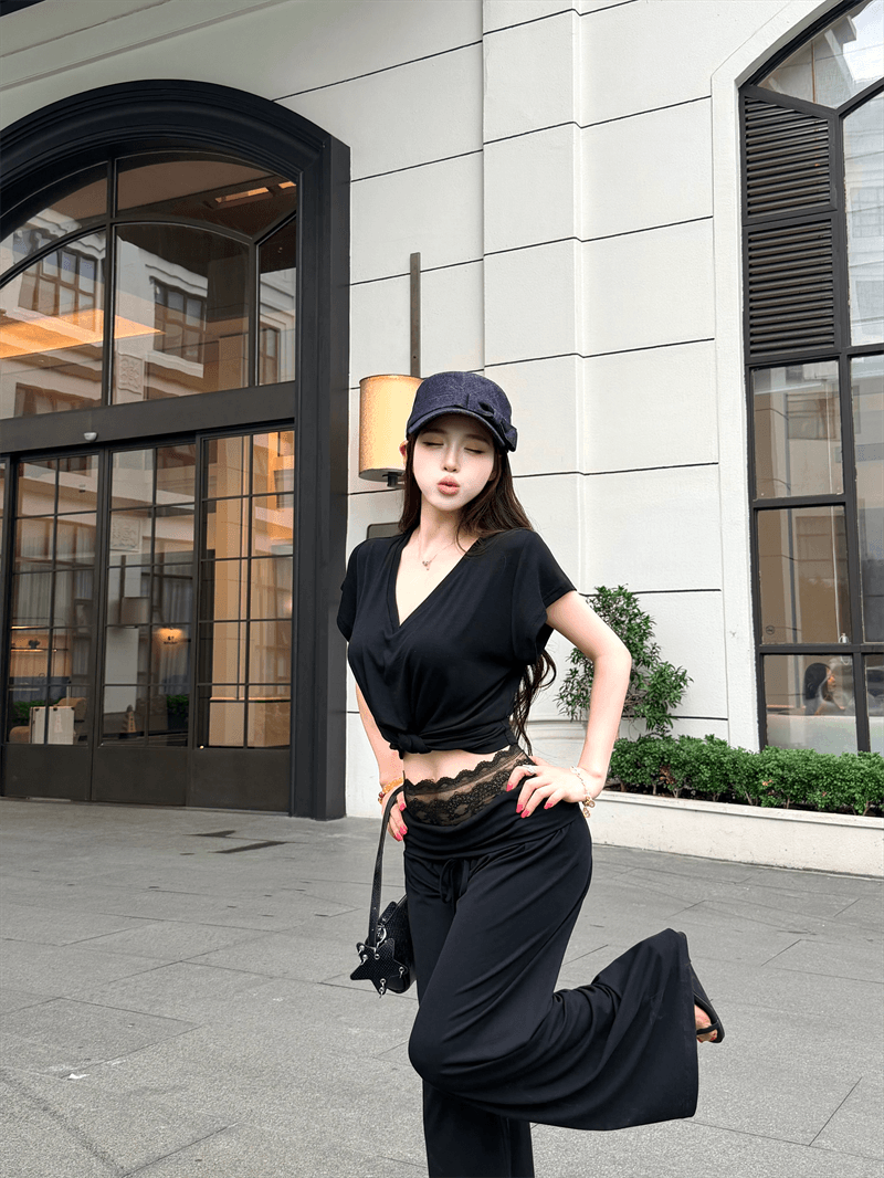실사 정가 매듭이 달린 디자인 V넥 다용도 맨위 레이스 허리 머리 뒤집다 허리 디자인 캐주얼 다용도 긴 바지 세트 상세 이미지 27