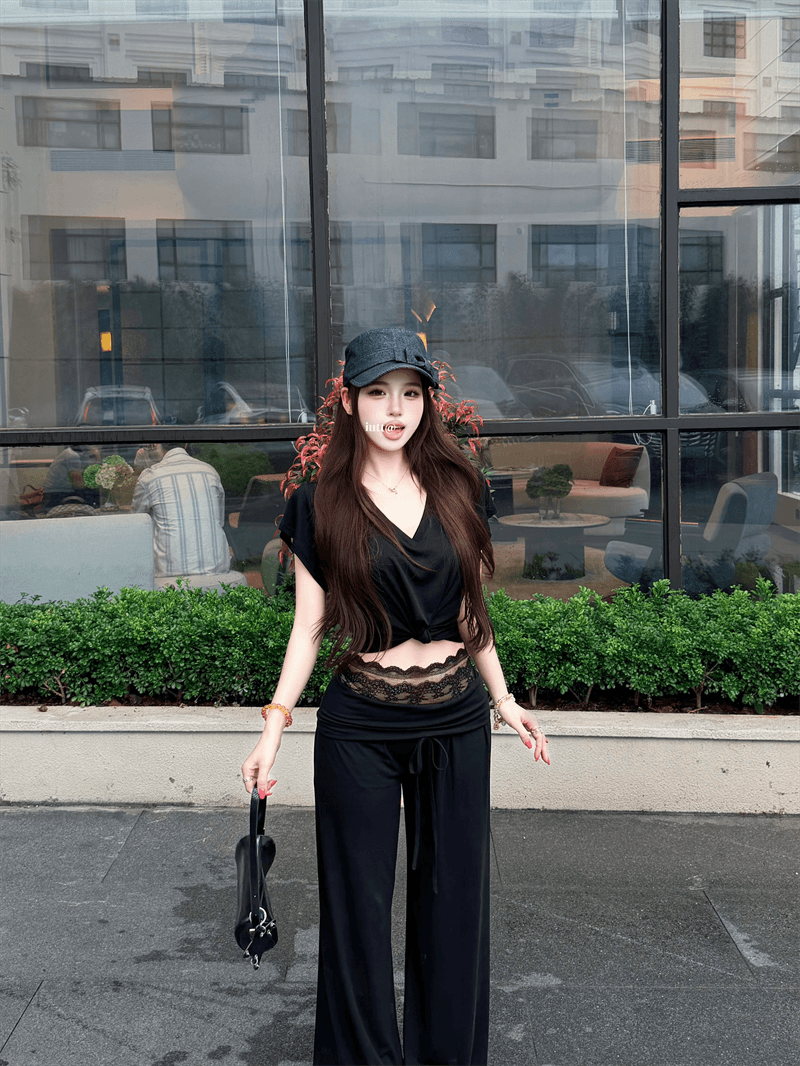 실사 정가 매듭이 달린 디자인 V넥 다용도 맨위 레이스 허리 머리 뒤집다 허리 디자인 캐주얼 다용도 긴 바지 세트 상세 이미지 28