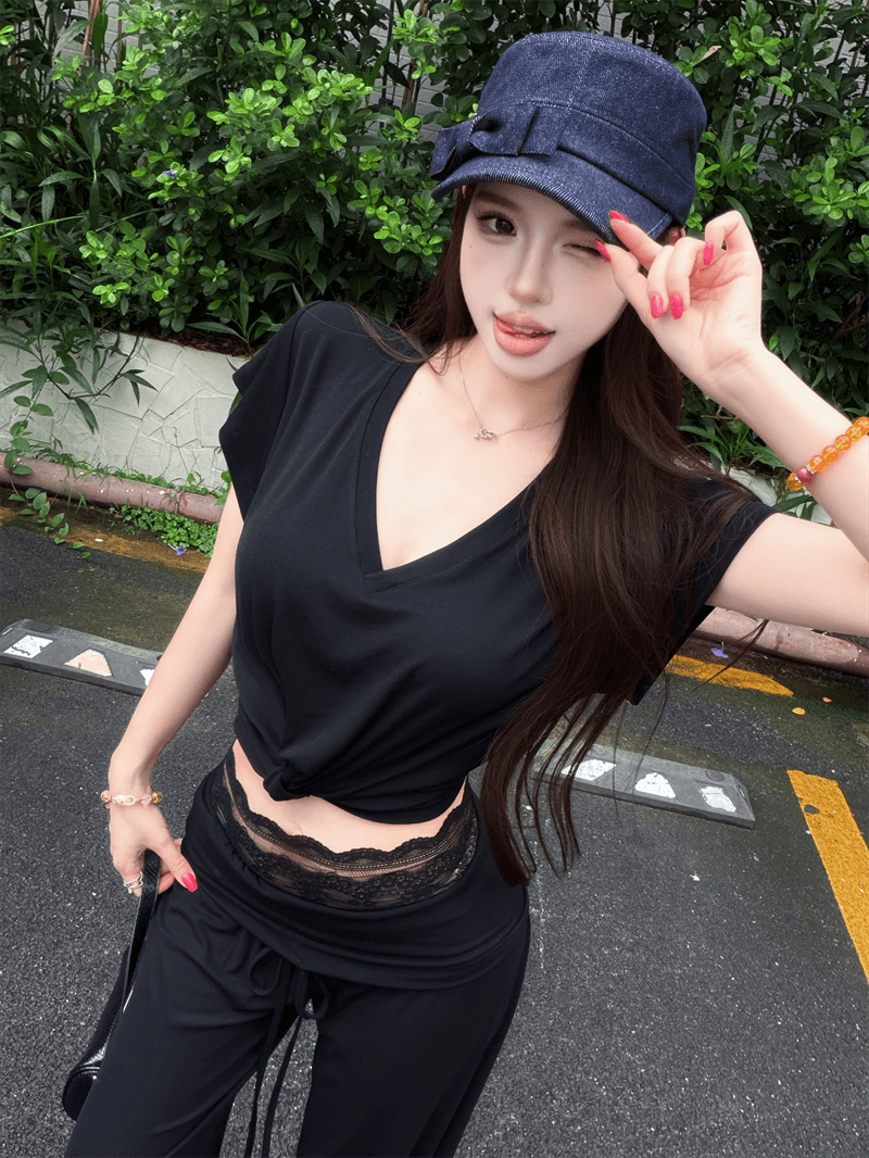 실사 정가 매듭이 달린 디자인 V넥 다용도 맨위 레이스 허리 머리 뒤집다 허리 디자인 캐주얼 다용도 긴 바지 세트 상세 이미지 33