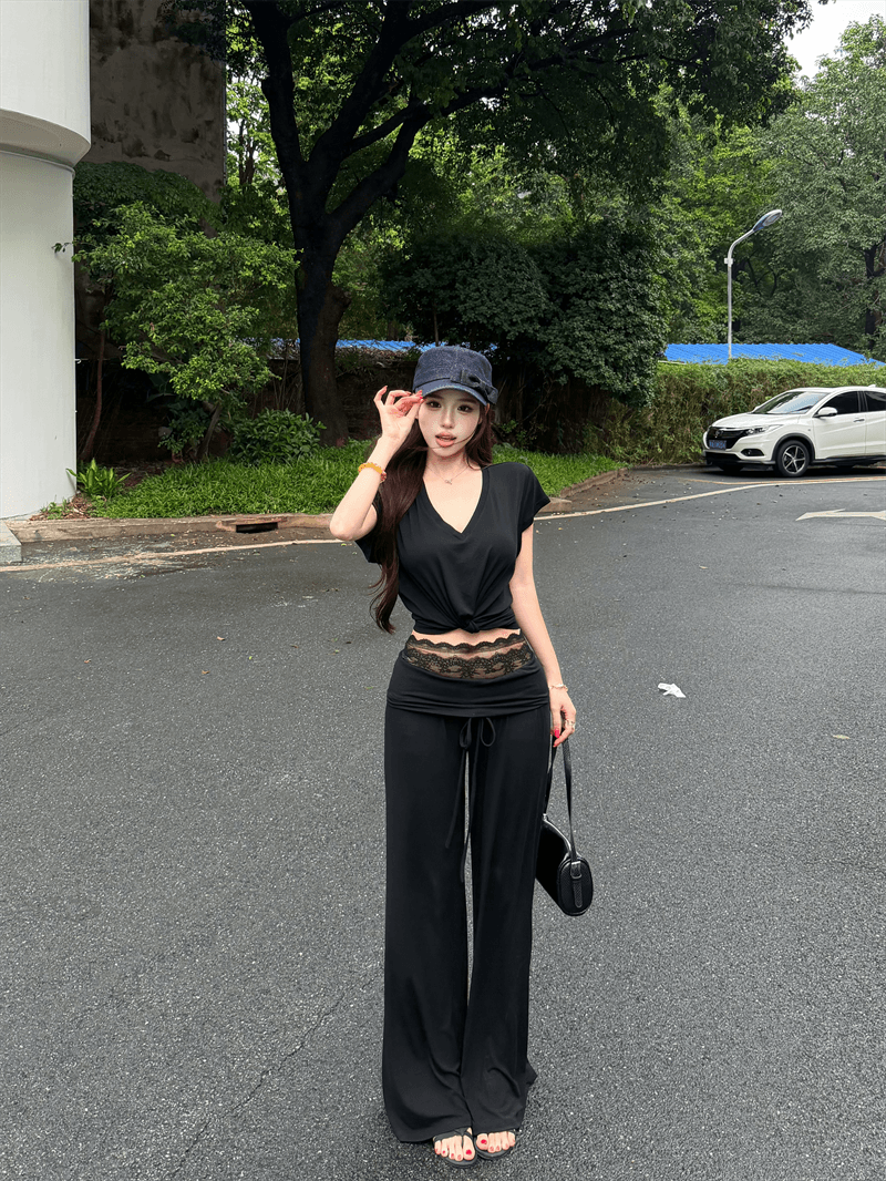 실사 정가 매듭이 달린 디자인 V넥 다용도 맨위 레이스 허리 머리 뒤집다 허리 디자인 캐주얼 다용도 긴 바지 세트 상세 이미지 34