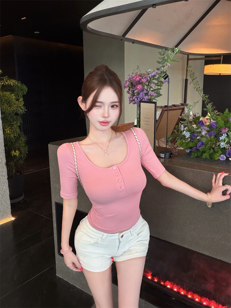 실사 정가 순수한 욕망 달콤한 매운맛 바람 티셔츠 여성 새로운 타이트 반팔 한 부서 chic Chic 작은 맨위 이미지 3