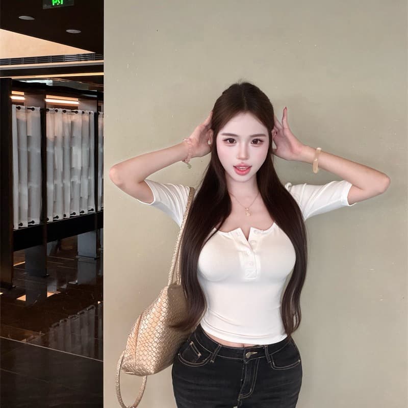 실사 정가 순수한 욕망 달콤한 매운맛 바람 티셔츠 여성 새로운 타이트 반팔 한 부서 chic Chic 작은 맨위 이미지 5