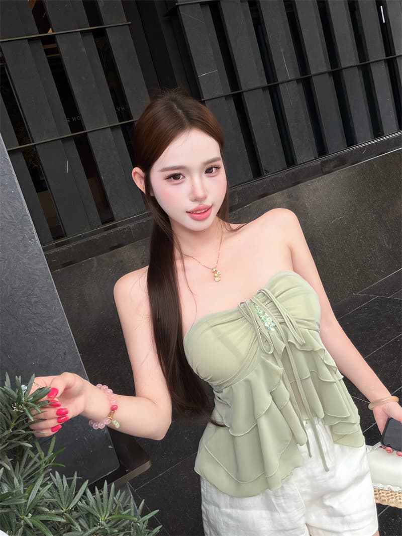 실사 정가 프릴 스트랩 행침 목 튜브탑 슬립 품격 무거운 작업 구슬 조각 맨위 상세 이미지 19