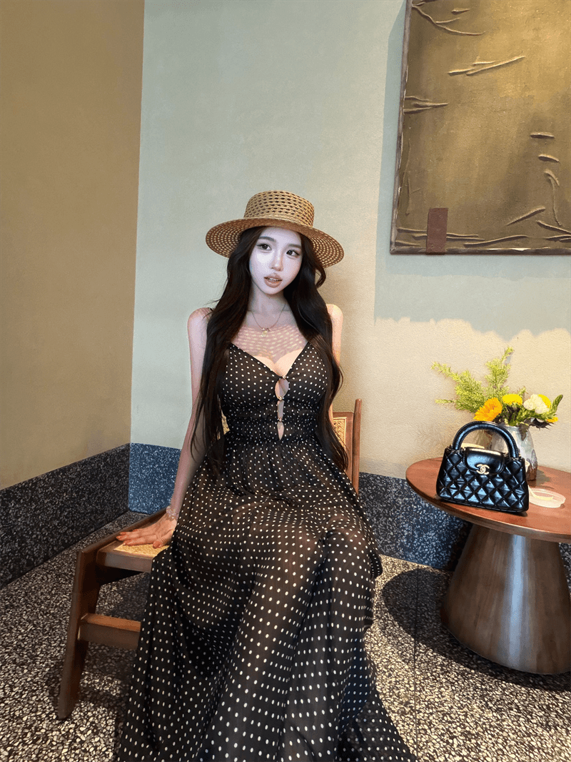 실사 정가 한여름 밤 프랑스식 도트 무늬 망사 홀로우 아웃 슬립 여성 드레스 봄 여름 허리 수축 롱 스커트 상세 이미지 9