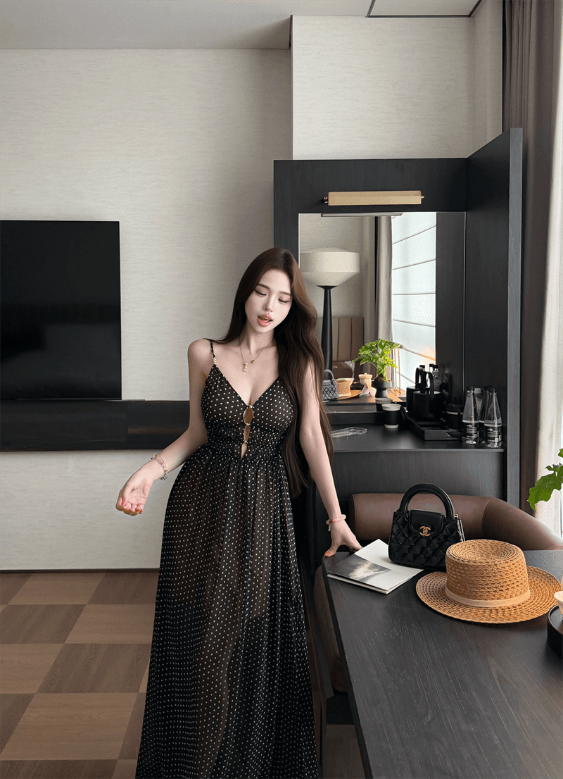 실사 정가 한여름 밤 프랑스식 도트 무늬 망사 홀로우 아웃 슬립 여성 드레스 봄 여름 허리 수축 롱 스커트 상세 이미지 10