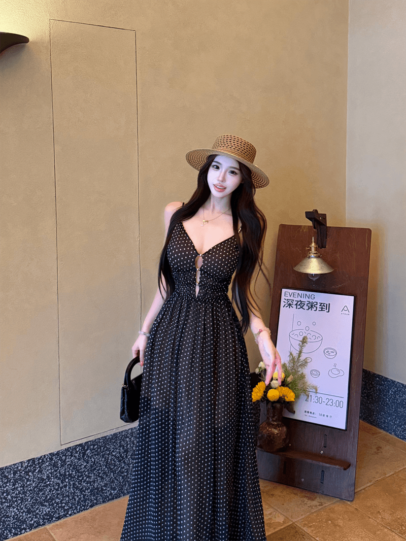 실사 정가 한여름 밤 프랑스식 도트 무늬 망사 홀로우 아웃 슬립 여성 드레스 봄 여름 허리 수축 롱 스커트 상세 이미지 13