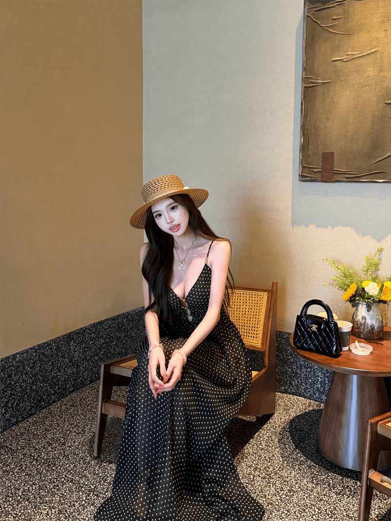 실사 정가 한여름 밤 프랑스식 도트 무늬 망사 홀로우 아웃 슬립 여성 드레스 봄 여름 허리 수축 롱 스커트 상세 이미지 19