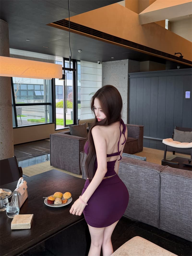 실사 정가 오래된 돈 vibe 홀로우 아웃 행침 목 레이스업 캐미솔 뒤집다 측면 반신 치마 세트 여성 여름 상세 이미지 6
