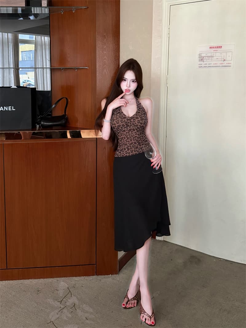 실사 정가 달콤한 차가운 레오파드 무늬 높음 폭탄 망사 행침 목 V넥 조끼 이중층 십자가 쉬폰 중간 허리 반신 스커트 상세 이미지 18