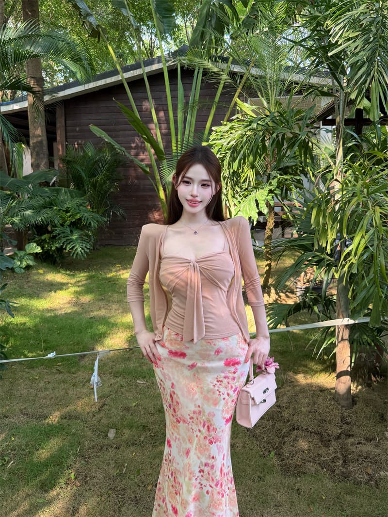 실사 정가 핑크색 슬립 그리고 오픈 가디건 투피스 세트 프린트 몸매 가꾸기 타이트 스커트 인어 꼬리 반신 스커트 여성복 상세 이미지 2