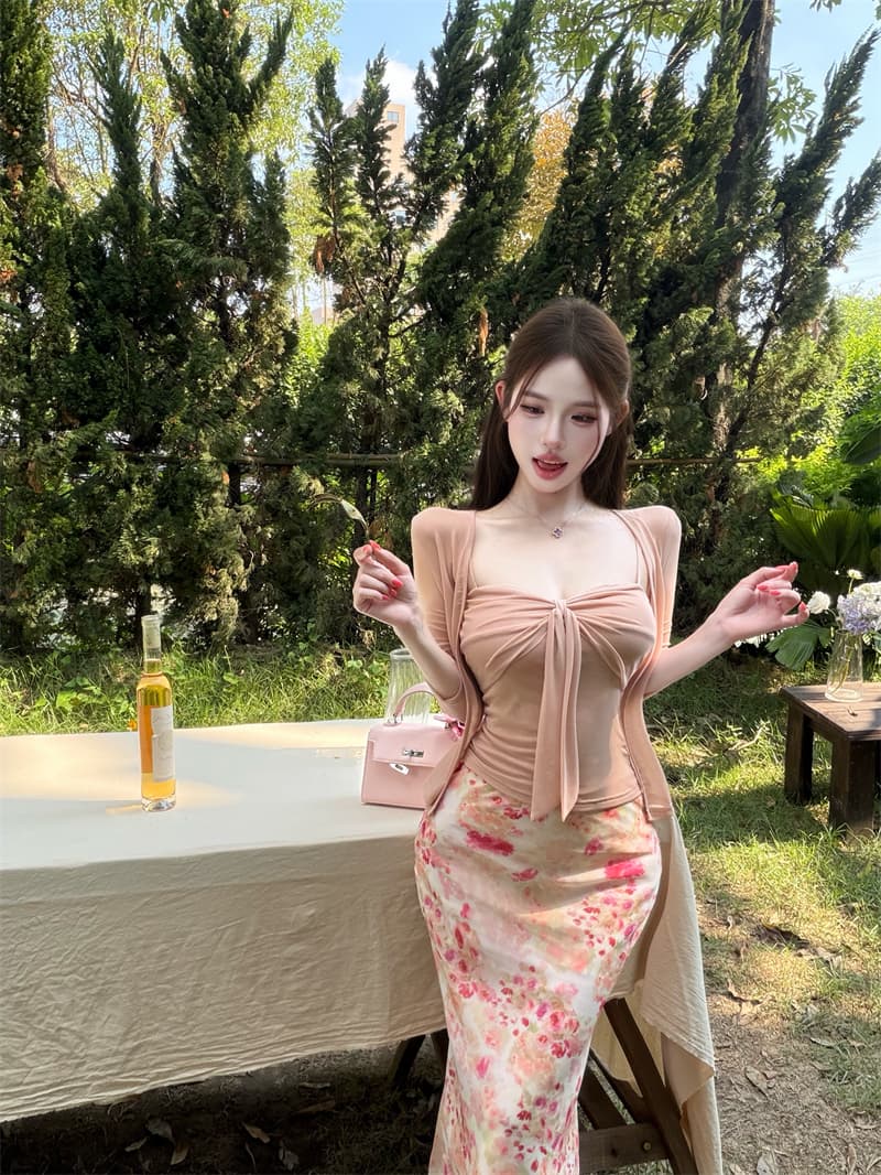 실사 정가 핑크색 슬립 그리고 오픈 가디건 투피스 세트 프린트 몸매 가꾸기 타이트 스커트 인어 꼬리 반신 스커트 여성복 상세 이미지 3