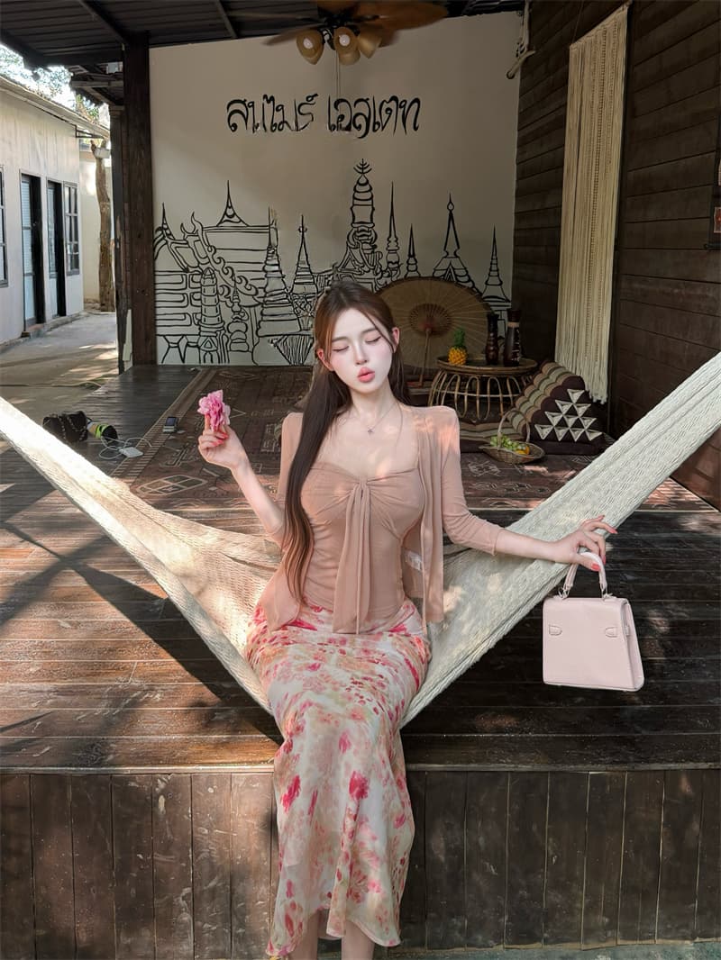 실사 정가 핑크색 슬립 그리고 오픈 가디건 투피스 세트 프린트 몸매 가꾸기 타이트 스커트 인어 꼬리 반신 스커트 여성복 상세 이미지 11