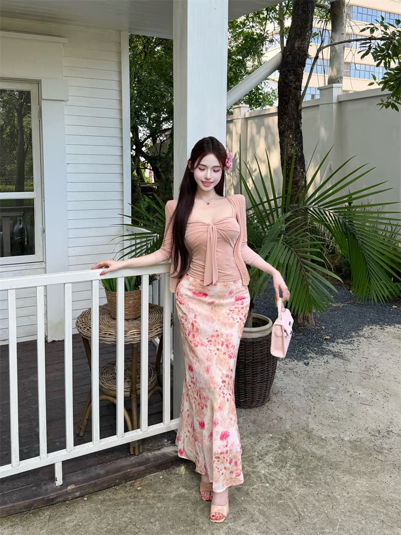 실사 정가 핑크색 슬립 그리고 오픈 가디건 투피스 세트 프린트 몸매 가꾸기 타이트 스커트 인어 꼬리 반신 스커트 여성복 상세 이미지 13