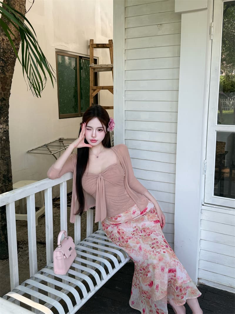 실사 정가 핑크색 슬립 그리고 오픈 가디건 투피스 세트 프린트 몸매 가꾸기 타이트 스커트 인어 꼬리 반신 스커트 여성복 상세 이미지 14