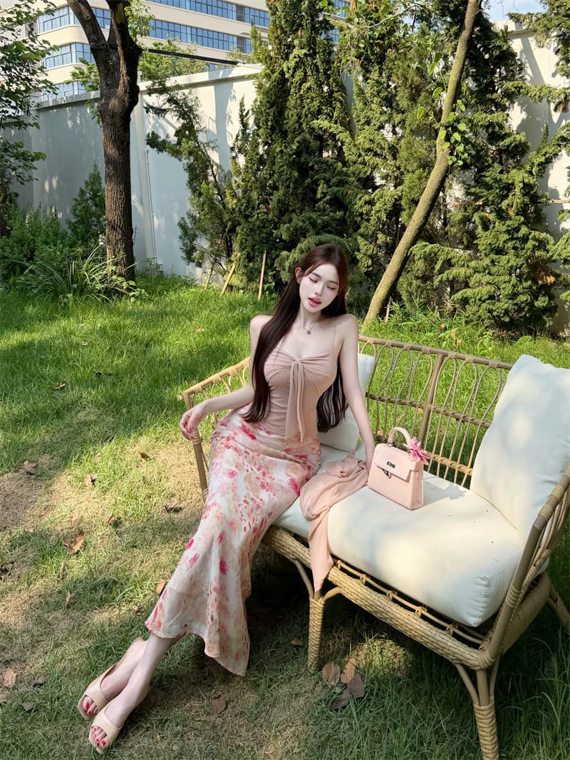 실사 정가 핑크색 슬립 그리고 오픈 가디건 투피스 세트 프린트 몸매 가꾸기 타이트 스커트 인어 꼬리 반신 스커트 여성복 상세 이미지 17